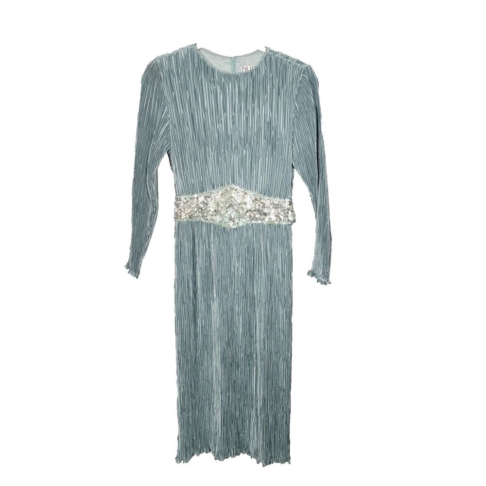 Nuit Dress XS Plissey Vintage Aqua Pleated Sequin Beaded Union Made Glam